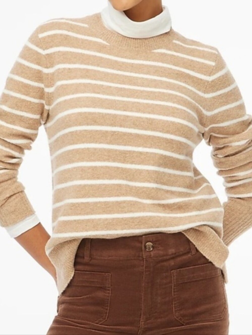 J crew heather mushroom ivory Striped crewneck sweater in extra-soft yarn